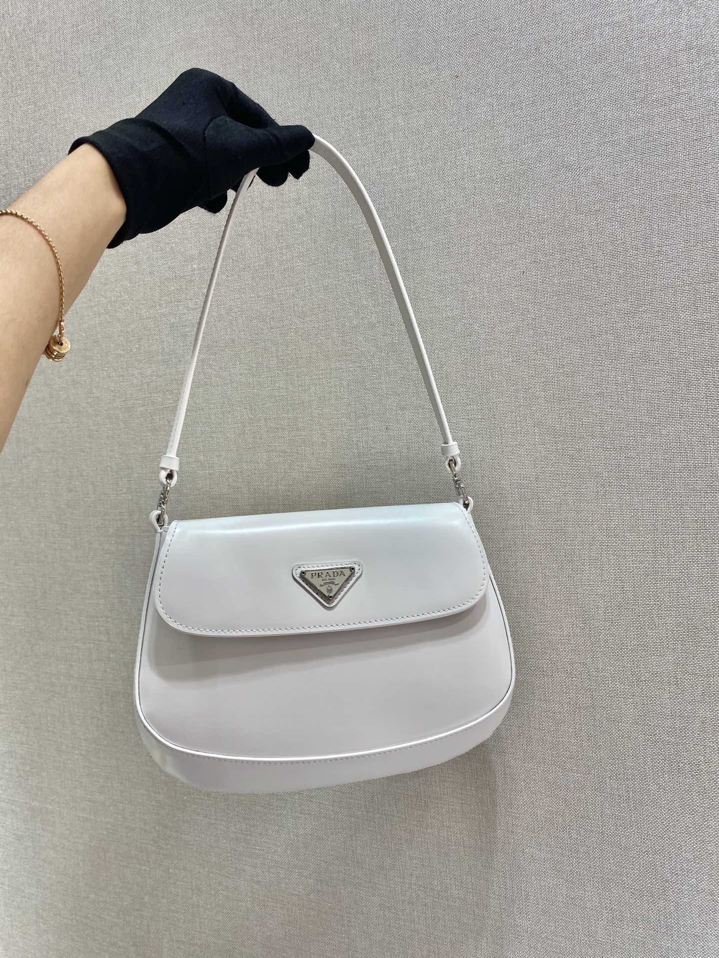 Prada Cleo Brushed Leather Shoulder Bag With Flap White 1BD311